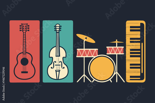 Create a minimalist vector illustration featuring bold, flat icons representing various musical instruments.  Include a diverse range of instruments.