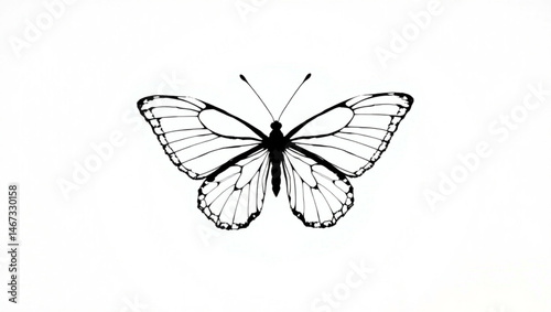 Illustration of a black and white butterfly with detailed wing patterns against a white background created with generated ai