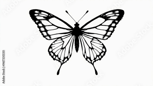 A black and white butterfly with detailed wing patterns gracefully displayed on a plain white backdrop created with generated ai
