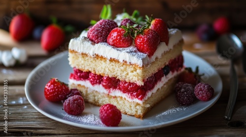 Delicious layered berry cake with whipped cream on rustic wooden table.