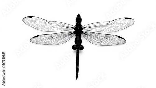 Detailed monochrome dragonfly specimen with intricate wing patterns on a white background created with generated ai
