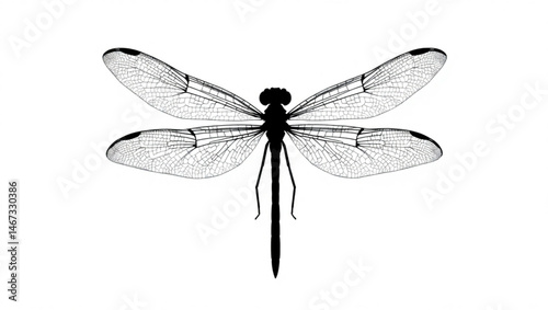 Detailed silhouette of a dragonfly with intricately veined wings spread wide against a white backdrop created with generated ai