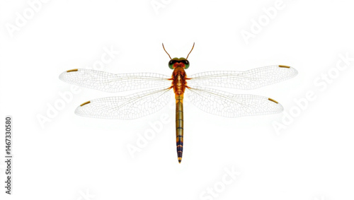 Detailed close up of a dragonfly with transparent wings on a plain white background in full view shot created with generated ai