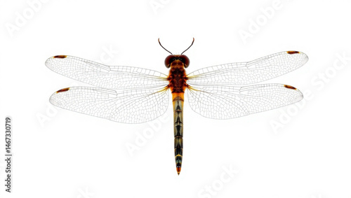 Detailed view of a dragonfly with transparent wings and brown markings on a white background created with generated ai