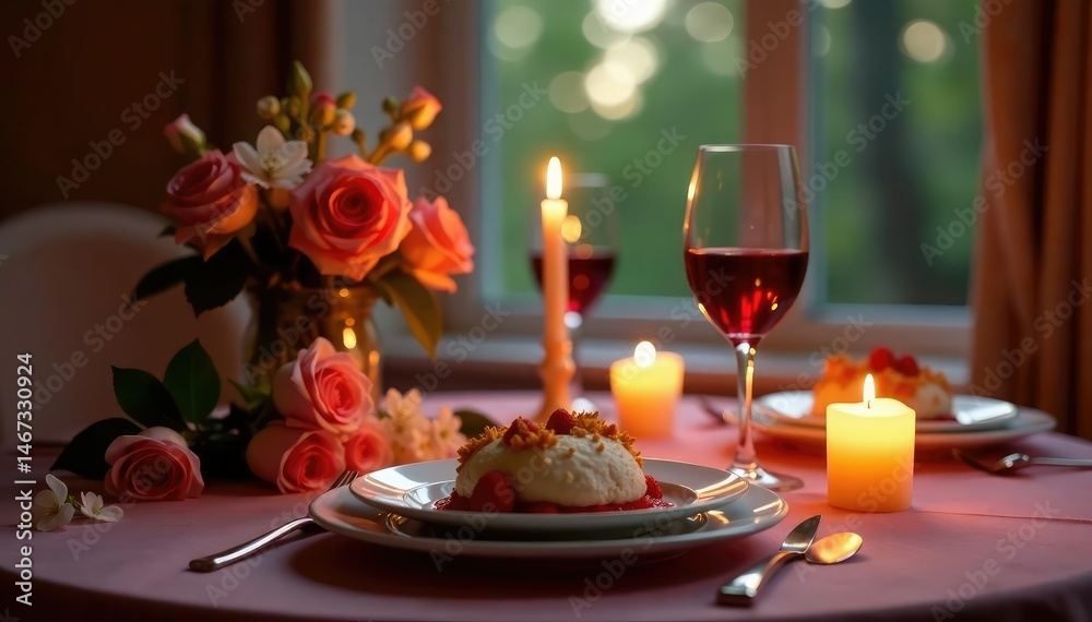 Fototapeta premium Romantic anniversary dinner setting, candles, flowers, wine , happy, event, special