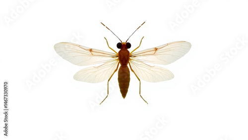 Close up view of a small brown insect with translucent wings on a plain white background in a studio shot created with generated ai