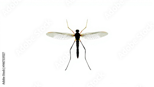 Close up of a black crane fly with translucent wings on a white background in detailed studio shot created with generated ai