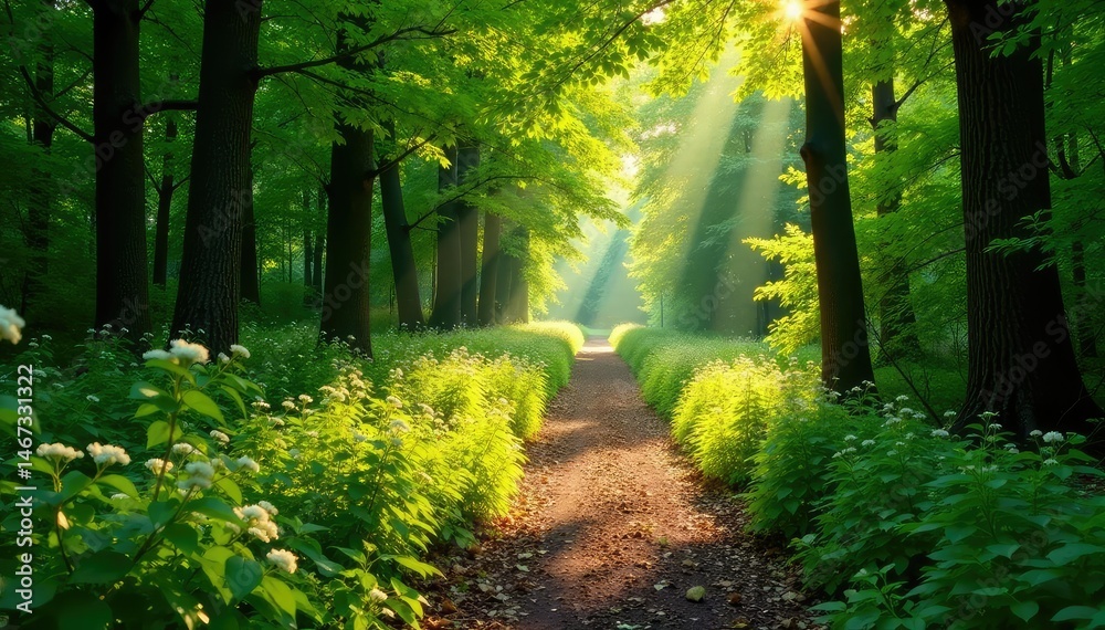 Fototapeta premium Sun-dappled forestry path winding through lush green woods, sunlight filtering through leaves , earth path, solitude, background