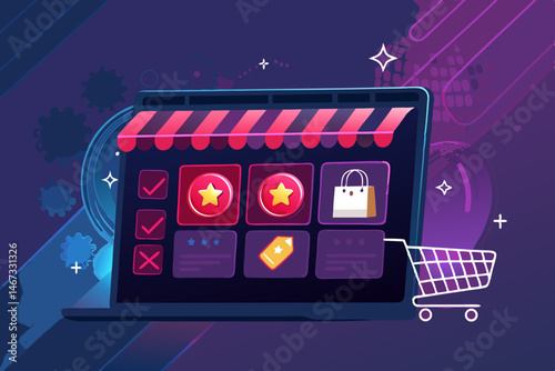 Create a vibrant vector illustration depicting an online shopping sale with bold UI elements, emphasizing discounts and showcasing attractive product deals.