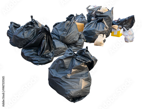 Bilde på lerret Large group of waste in black plastic bag at garbage dump isolated with clipping