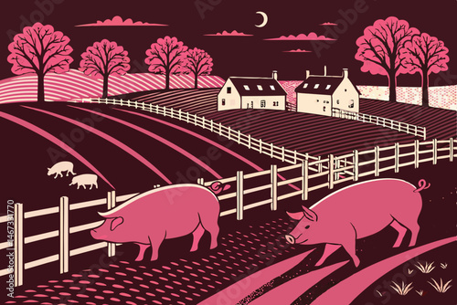 Create a vibrant promotional vector graphic for a pig farm, featuring bold pink and brown color scheme.  Include playful pig illustrations.