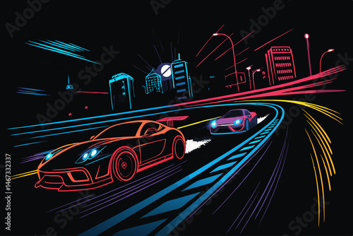 Create a vibrant vector illustration for a racing game promo, featuring bold, dynamic speed lines and a sense of high velocity.  Include sleek racing cars.