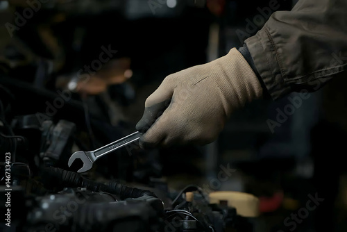 Mechanic working on car engine. Gloved hand holds a wrench over an engine bay. Automotive repair in workshop.