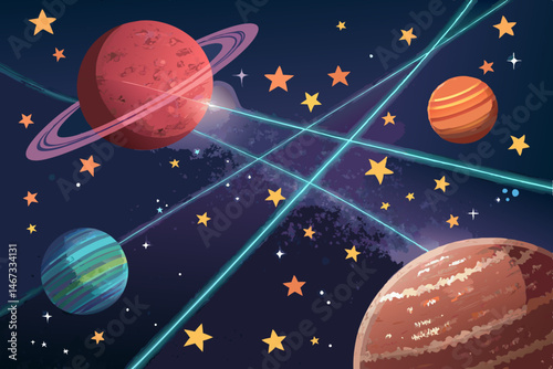 Design a vibrant space-themed game promotional image featuring bold, stylized planets, twinkling stars, and cosmic nebulae, emphasizing adventure and excitement.