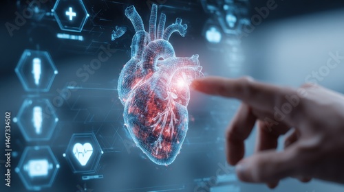 A hand interacting with a transparent digital heart, surrounded by medical symbols floating in a high-tech blue environment.