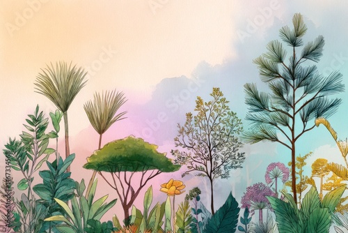A hand-drawn illustration of a botanical garden with various plants trees and flowers drawn in soft watercolors The background features soft pastel gradients evoking calm and peace