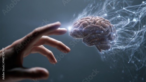 A hand reaching out to touch a floating, interactive hologram of a human brain, with digital neural patterns in the background.