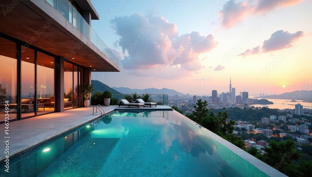 Obraz premium Luxury condo building rooftop pool and city view, perspective, relaxation