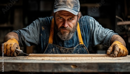 Focused carpenter working on a piece of wood
