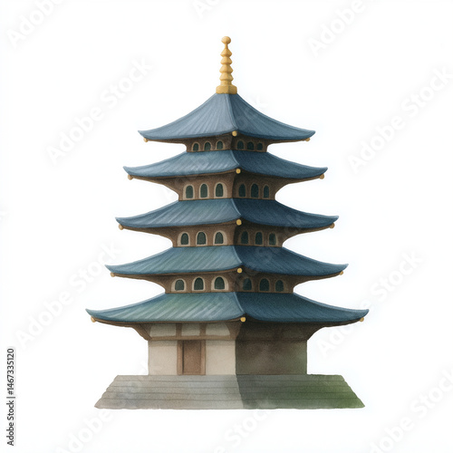 Serene watercolor painting of traditional Japanese pagoda with multiple tiered roofs and intricate architectural details, evoking calm and cultural beauty