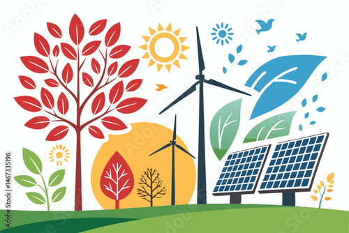 Design a vibrant background showcasing sustainable energy sources with a bold, graphic 'i' integrated into the design.  The style should be modern and impactful.