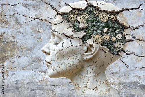 Cracked mind with gears and plant life, symbolizing mental health and inner workings of the human brain