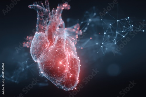 A heart icon surrounded by a network of digital connections, representing the fusion of healthcare and technology, with dynamic lighting.