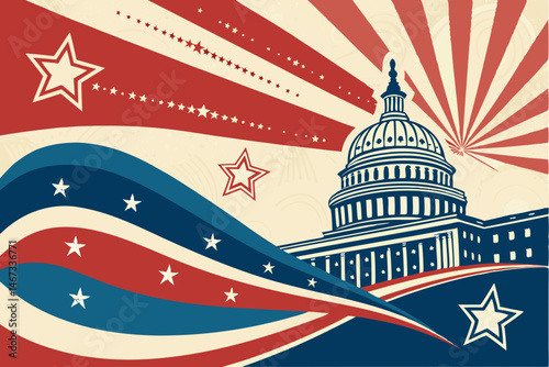Create a vibrant, impactful vector background for a political campaign pamphlet, featuring bold geometric shapes and a patriotic color scheme.