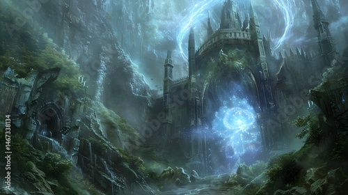 A gothic castle with towering spires a glowing mystery  photo