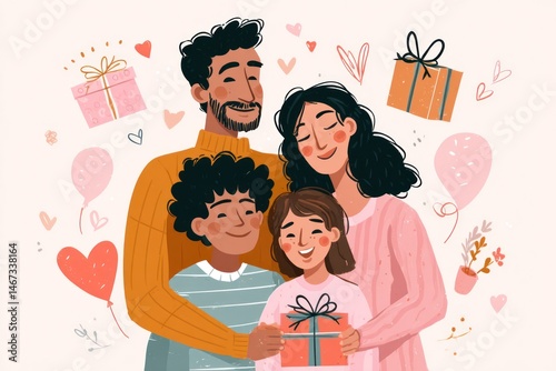 A joyful family celebrating a birthday together, surrounded by cheerful icons of love, laughter, and joy