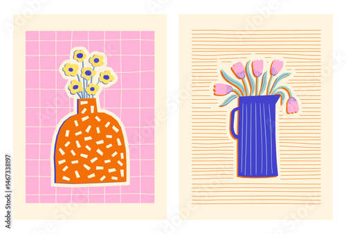 Set of hand drawn colorful posters with abstract flowers in vases. Contemporary art bouquets on geometric backgrounds. Trendy floral design. Vector illustrations