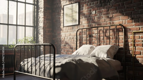 Sunlit bedroom with metal bed frame against exposed brick wall.