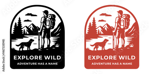 monoline adventure vintage outdoor badge design-hiking with dog in the wild, mountain