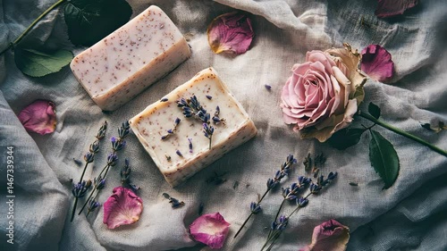 A flat lay of handmade soap with dried lavender and rose petals styled on linen. background