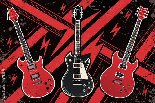 Create a vibrant vector background featuring bold, stylized electric guitars, radiating energy and a rock-and-roll aesthetic.  Include rich color gradients and dynamic lines.