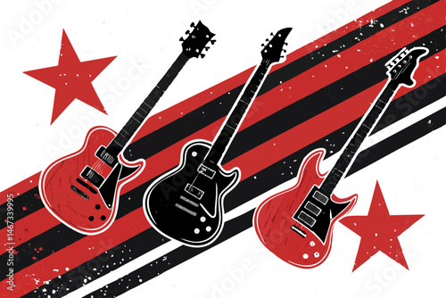 Create a vibrant vector background featuring bold red electric guitars, ideal for music-related designs.  Include dynamic lighting and sharp lines.