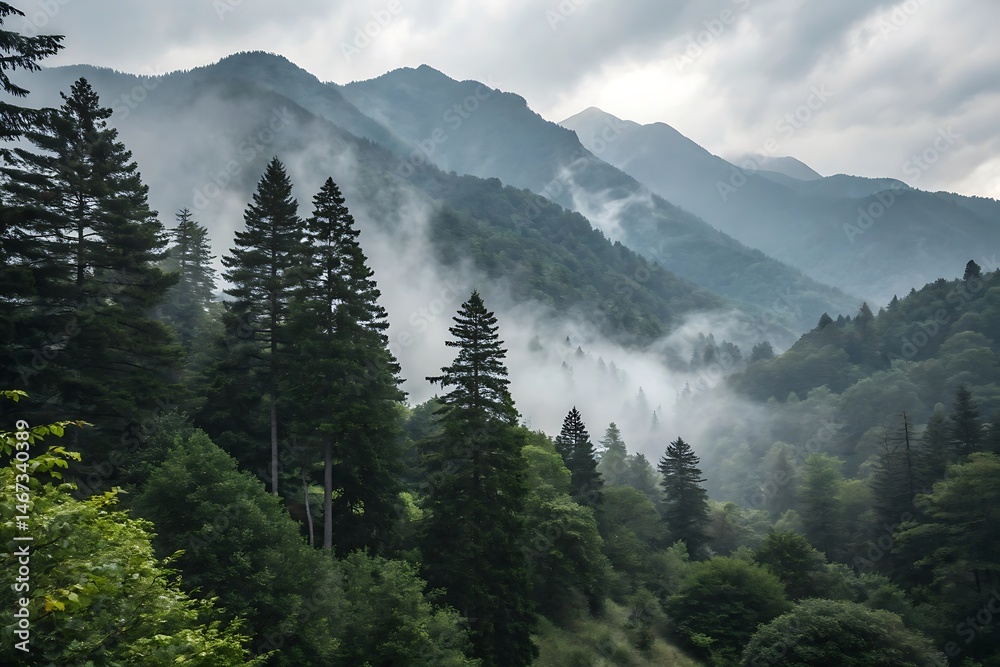 Obraz premium A misty morning light filters through the green forest trees