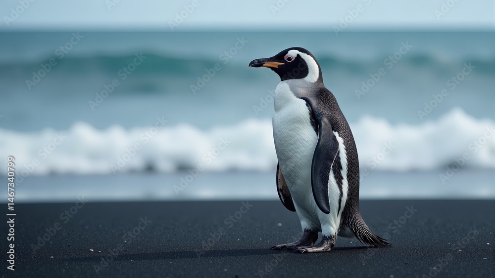 Naklejka premium Magellanic Penguin On Black Sand Beach