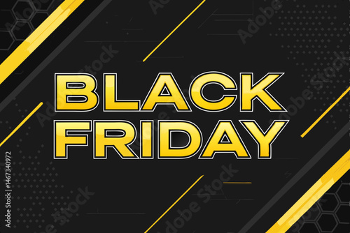 Design a striking vector layout for a Black Friday sale featuring bold yellow typography and dark backgrounds.  Include space for product highlights and promotional offers.