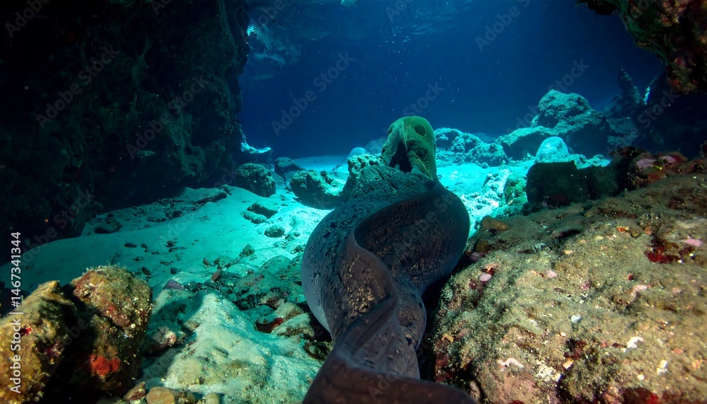 Fototapeta premium Spotted Moray Eel in Dark Reef Cave Underwater