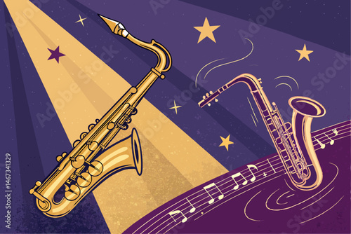 Design a vibrant vector poster for a Jazz Night featuring a bold, stylized saxophone illustration.  Include space for event details.