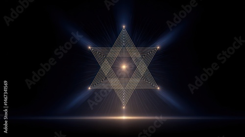 A minimalist contemporary design with blue and gold accents A Star of David silhouette is created using fine lines and subtle glowing lights against a dark background with the text 'Jewish American He