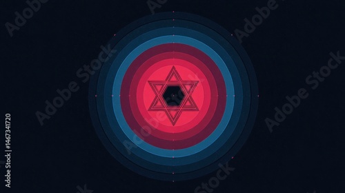 A minimalist contemporary design with blue and gold accents A Star of David silhouette is created using fine lines and subtle glowing lights against a dark background with the text 'Jewish American 