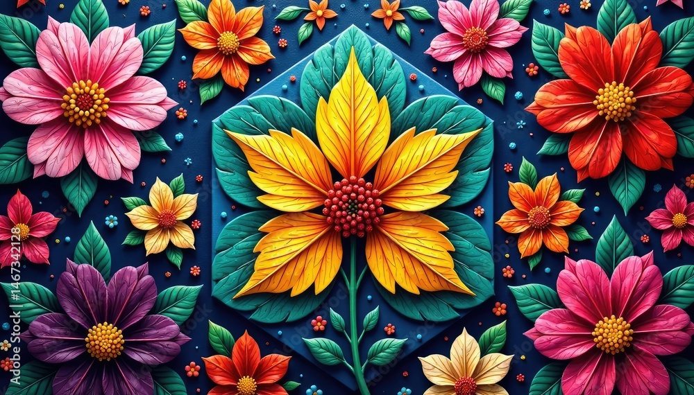 Intricate floral motifs within a hexagonal grid , bloom, stylish Intricate floral motifs within a hexagonal grid , bloom, stylish