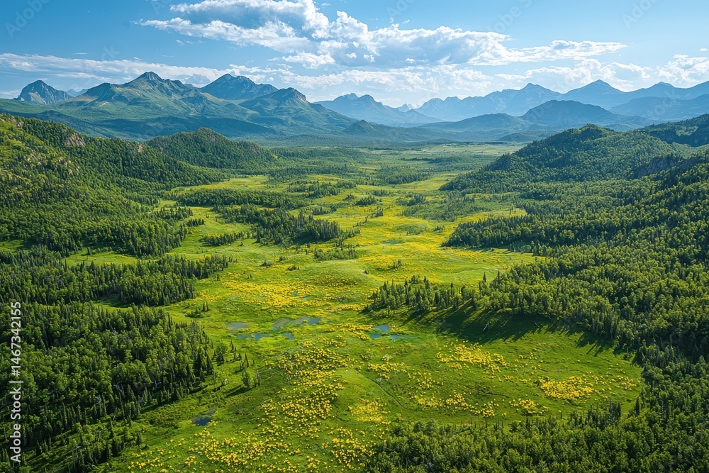 Obraz premium Stunning Aerial View of Lush Green Valley with Mountains and Blue Sky in the Background on a Sunny Day