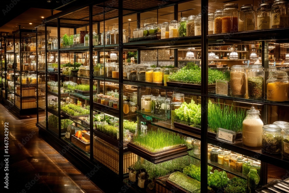 Fototapeta premium Modern shelves filled with jars and greenery in a stylish interior.