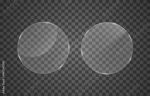 Set of realistic glossy plate with glare, vector png. Glass plate acrylic texture and glass effect.