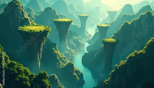 Fantasy Landscape River Floating Pillars