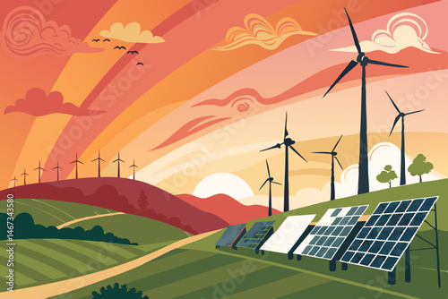 Design a vibrant illustration depicting a harmonious wind farm and solar array at sunrise, emphasizing clean energy integration and environmental sustainability.