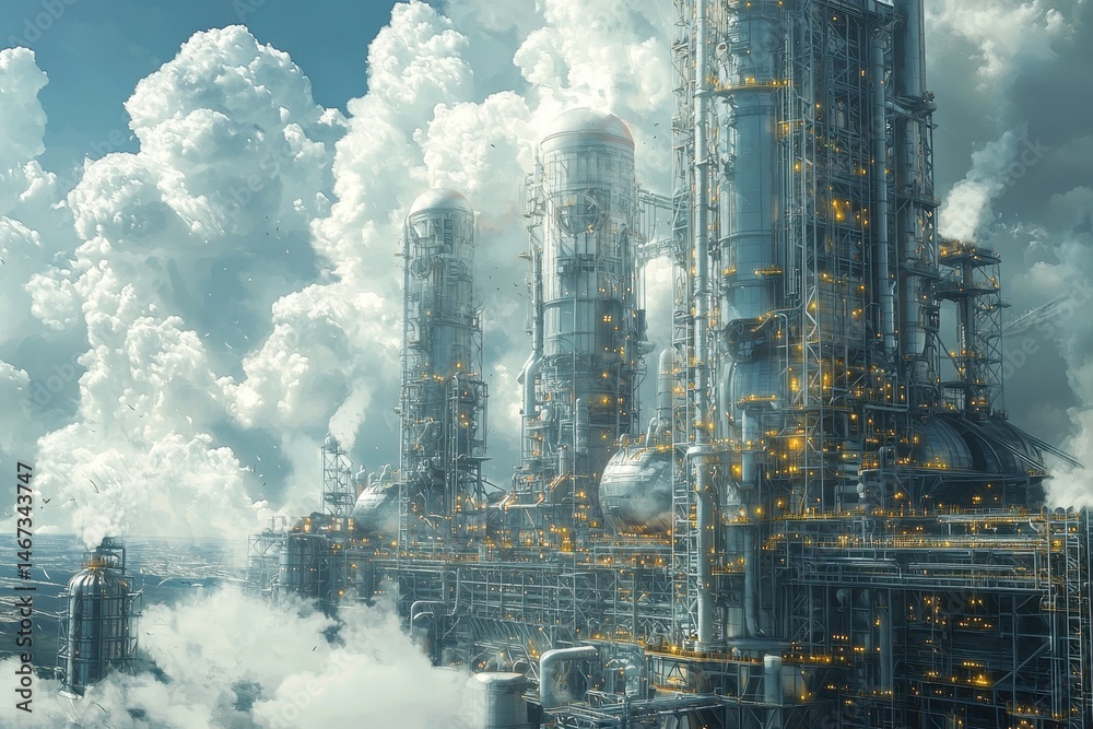Fototapeta premium Futuristic Industrial Complex with Towering Structures and Dramatic Cloudscape in a Sci-Fi Setting